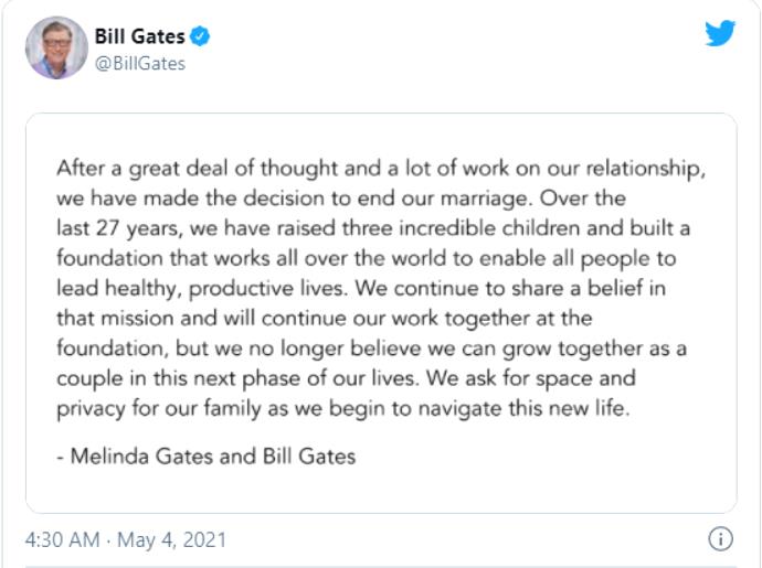 美国微软联合创始人比尔·盖茨（Bill Gates）和妻子梅琳达·盖茨（Melinda Gates）宣布离婚 ...