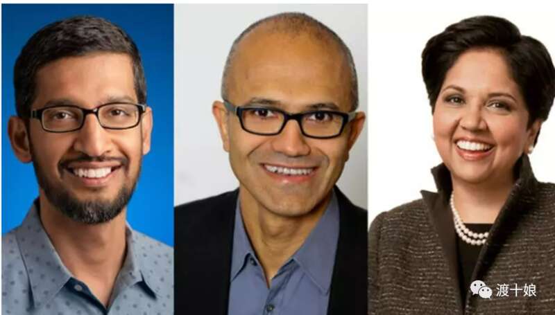 从左起是谷歌CEO劈柴(Sundar Pichai)、微软CEO那德拉(Satya Nadella)和百事可乐CEO努伊(Indra Nooyi) ...